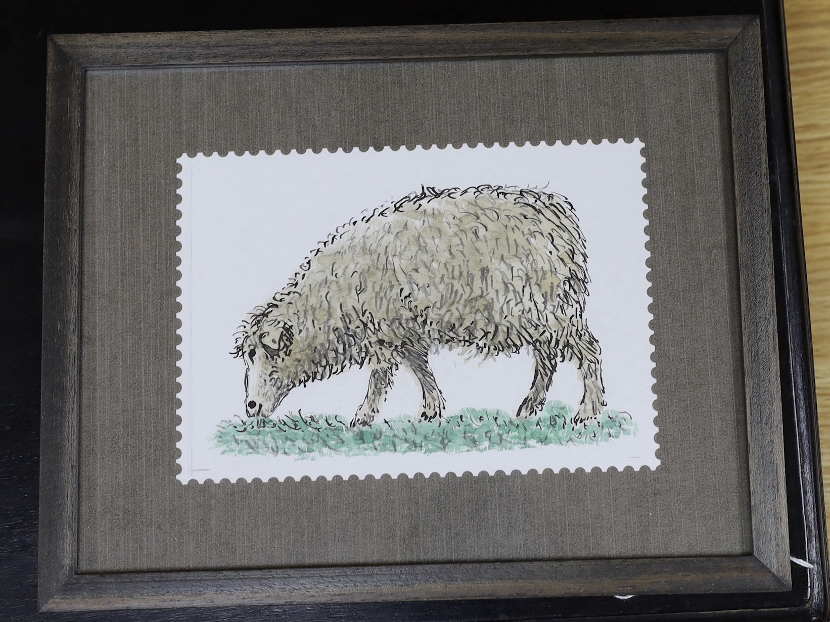 David Gentleman (b.1930), ink, pencil and watercolour, Design for a postage stamp - sheep, 12 x 16.5cm, with a letter from the artist regarding the work verso